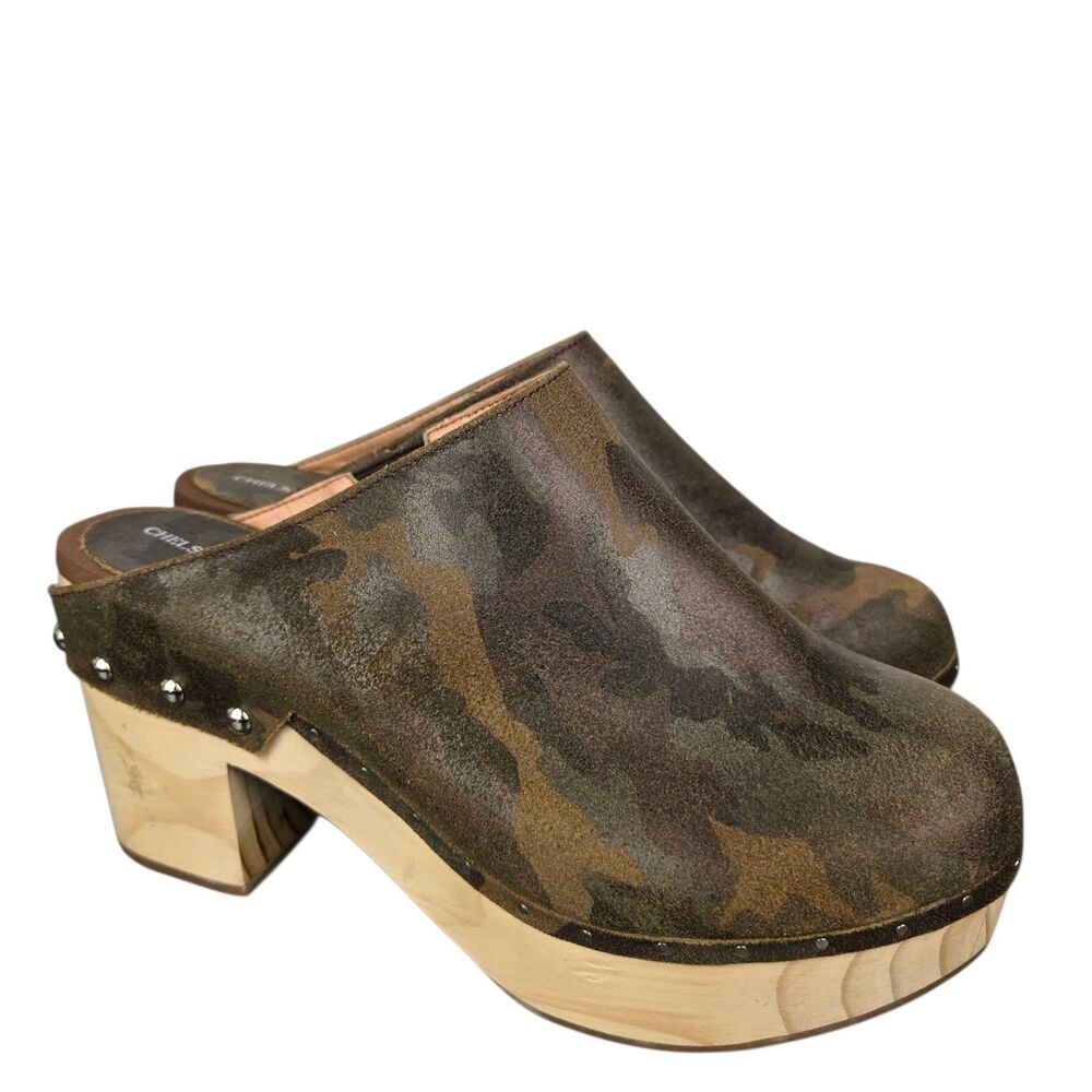 Chelsea & Violet Jana Green Army Camo Wooden Clog  Platform Leather Upper 8 M
